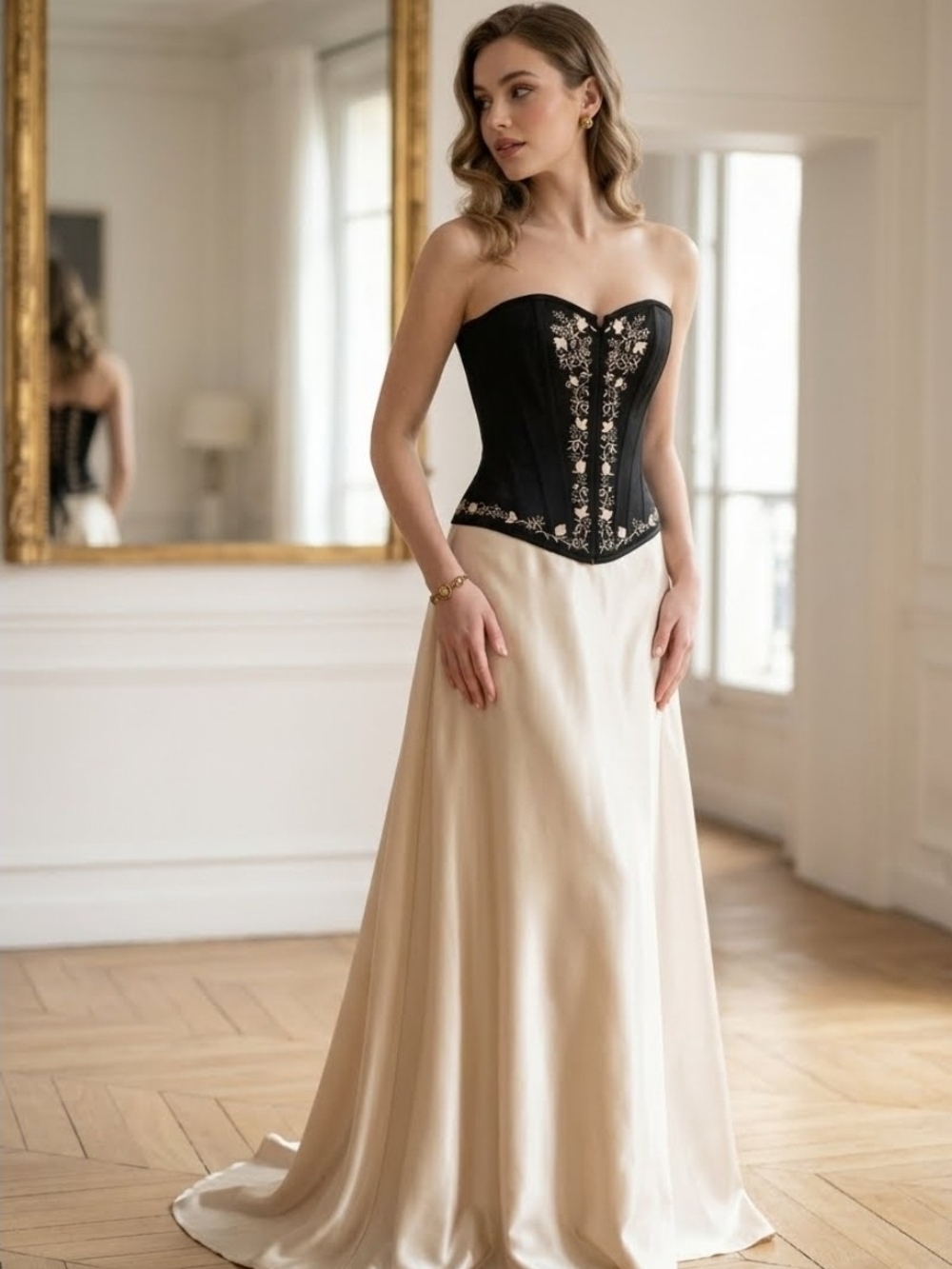 Charlotte Russe Y2K fairy corset top; black with beige floral embroidery.